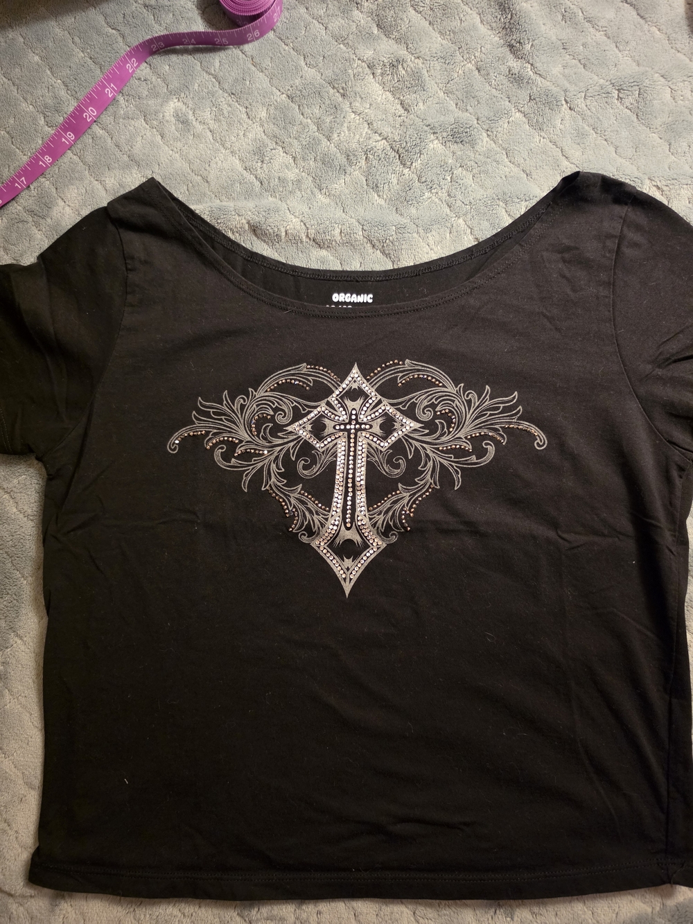 Y2K Gothic Rhinestone Cross Graphic Tee - Organic Generation Size L